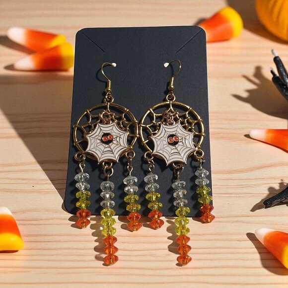 Spiderweb Earrings Halloween Dangle Handmade By Donovan 3.5 Inch Beaded Drop - Picture 1 of 5